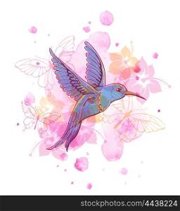 Abstract vector background with tropical bird and pink watercolor blots.