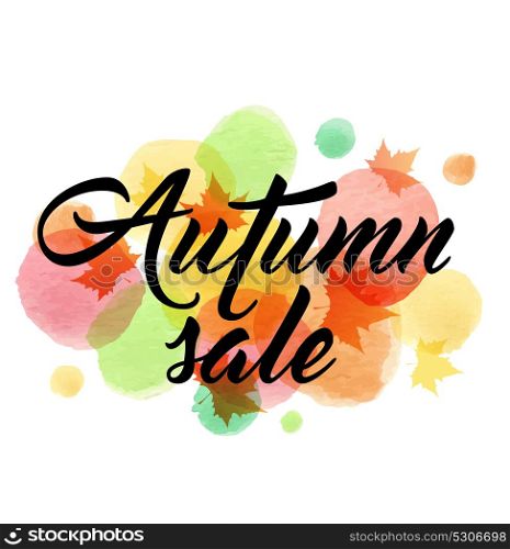 Abstract vector banner for seasonal autumn sale with maple leaves and watercolor blots.
