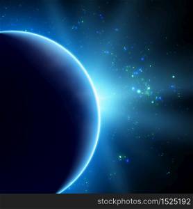 Abstract vector blue background with planet and eclipse of its star. Bright star light shine from the edge of a planet. Sparkles of stars on the background.
