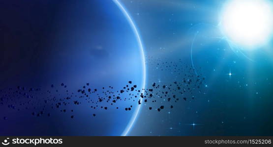 Abstract vector blue background with planet and ring of asteroids around. Bright star light shine in the corner with protuberance. Sparkles of distant stars on the background.