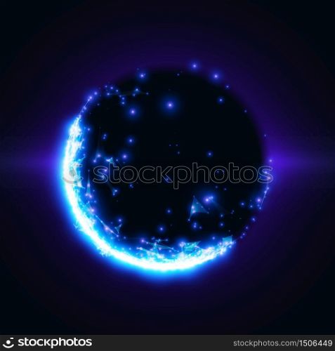 Abstract vector blue mesh background. Black hole or singularity. Futuristic technology style. Elegant background for business presentations. Flying debris. eps10