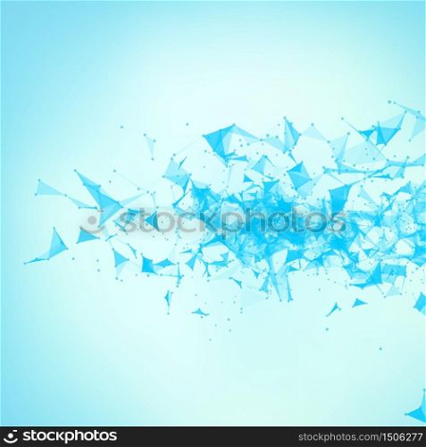 Abstract vector blue mesh background. Chaotically connected points and polygons flying in space. Flying debris. Futuristic technology style card. Lines, points, circles and planes. Futuristic design.