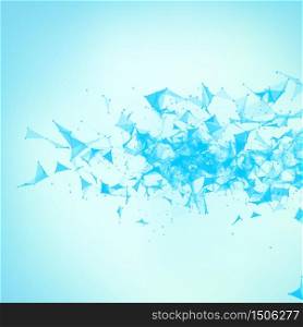 Abstract vector blue mesh background. Chaotically connected points and polygons flying in space. Flying debris. Futuristic technology style card. Lines, points, circles and planes. Futuristic design.