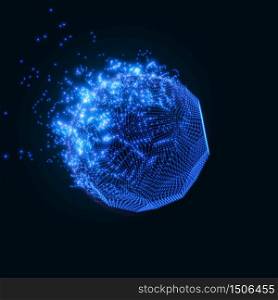 Abstract vector blue mesh background. Destroying of abstract comet. Futuristic technology style. Elegant background for business presentations. Flying debris. eps10