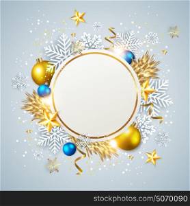 Abstract vector Christmas greeting card. White snowflakes and golden decorations on a blue background.