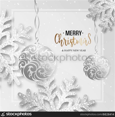 Abstract vector Christmas greeting card with silver snowflakes and event balls