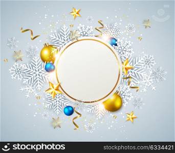 Abstract vector Christmas round banner. Holiday background with white snowflakes and golden decorations.
