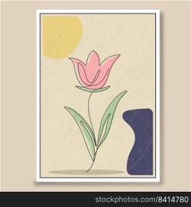 Abstract vector composition with a flower in the style of a continuous line on a grunge texture. Wall drawing, poster, painting, poster or print in a minimalist style with colored figures. Flat design
