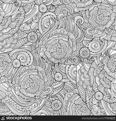 Abstract vector decorative hand drawn nature floral ornamental sketchy ethnic seamless pattern. Can be used for wallpaper, pattern fills, web page background, surface textures. Abstract vector hand drawn nature floral seamless pattern