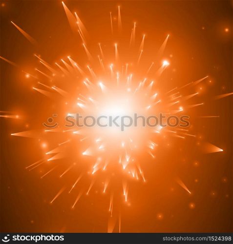 Abstract vector fireworks explosion red background with shining sparks. New Year celebration fireworks. Burst of glowing particles with fireball in the center. Birth or death of the star.. Abstract vector fireworks explosion red background with shining sparks. New Year celebration fireworks. Burst of glowing particles with fireball in the center. Birth or death of the star