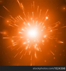 Abstract vector fireworks explosion red background with shining sparks. New Year celebration fireworks. Burst of glowing particles with fireball in the center. Birth or death of the star.. Abstract vector fireworks explosion red background with shining sparks. New Year celebration fireworks. Burst of glowing particles with fireball in the center. Birth or death of the star