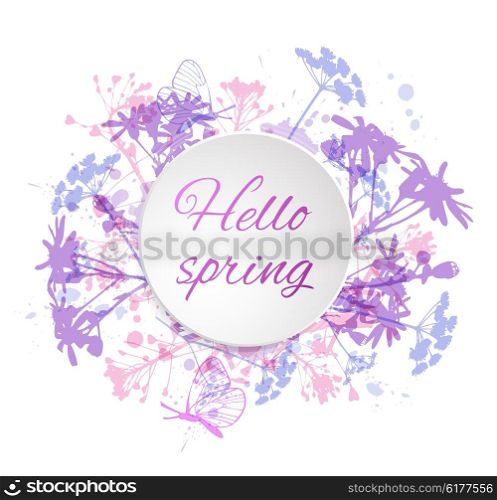 Abstract vector floral background with flowers and butterflies. Round banner with flowers.