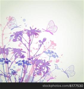 Abstract vector floral background with flowers and butterflies. Wildflowers and chamomiles. Silhouette of flowers.