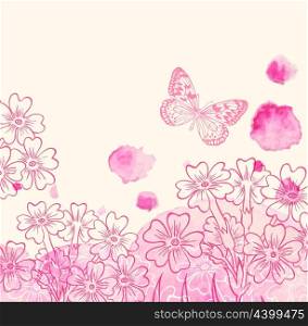 Abstract vector floral background with flowers and pink watercolor blots