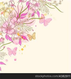 Abstract vector floral background with flowers, butterflies and pink watercolor blots