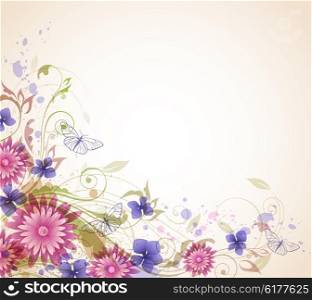Abstract vector floral background with pink flowers and butterflies.