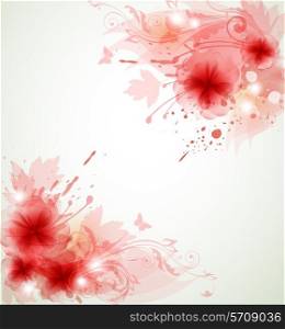 Abstract vector floral background with red flowers and leaves