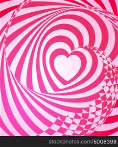 Abstract vector geometric design with red stripes and heart on a white background. Optical illusion with 3d effect.