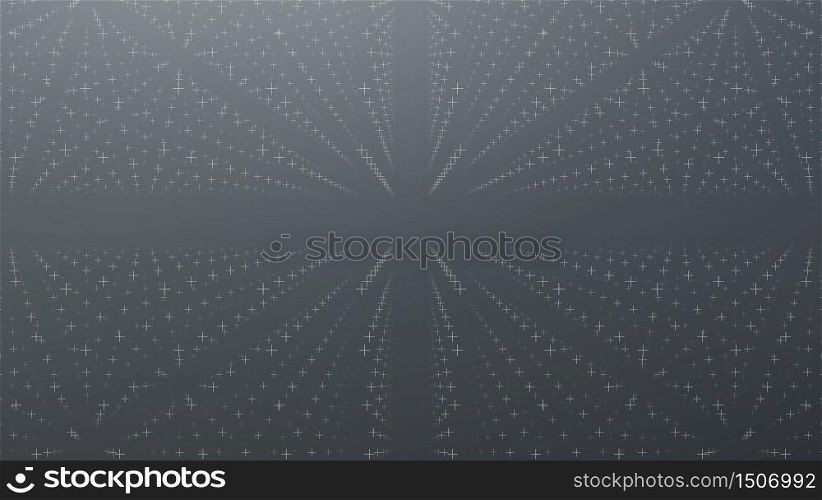 Abstract vector grayscale background. Matrix of glowing stars with illusion of depth and perspective. Abstract futuristic space background