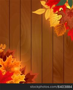 Abstract Vector Illustration Background with Falling Autumn Leaves and Wood Boards. EPS10. Abstract Vector Illustration Background with Falling Autumn Leav