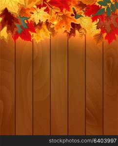 Abstract Vector Illustration Background with Falling Autumn Leaves and Wood Boards. EPS10. Abstract Vector Illustration Background with Falling Autumn Leav