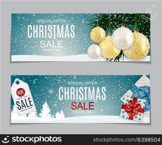 Abstract Vector Illustration Christmas Sale, Special Offer Background with Gift Box and Golden Ball. Winter Hot Discount Card Template. EPS10. Abstract Vector Illustration Christmas Sale, Special Offer Background with Gift Box and Golden Ball. Winter Hot Discount Card Template