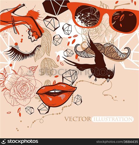 abstract vector illustration of a fantasy woman, a man, birds and flowers