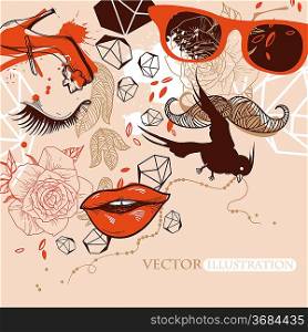abstract vector illustration of a fantasy woman, a man, birds and flowers