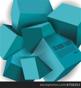 Abstract vector illustration of blue 3d cubes structure, over white background.