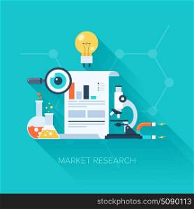Abstract vector illustration of flat and colorful market research concept with long shadow. Design elements for web and mobile applications.