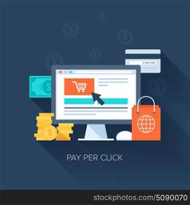 Abstract vector illustration of flat and colorful pay per click concept with long shadow. Design elements for web and mobile applications.
