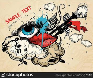 abstract vector illustration with a colorful eye and lips in a vintage style