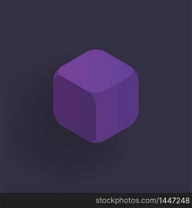 Abstract vector isometric 3d shape cube in bright violet pink color with shadow.
