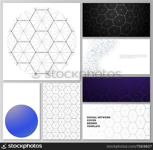 Abstract vector layouts of modern social network mockups in popular formats. Digital technology and big data concept with hexagons, connecting dots and lines, polygonal science medical background. Abstract vector layouts of modern social network mockups in popular formats. Digital technology and big data concept with hexagons, connecting dots and lines, polygonal science medical background.