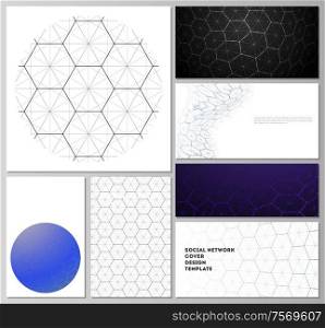 Abstract vector layouts of modern social network mockups in popular formats. Digital technology and big data concept with hexagons, connecting dots and lines, polygonal science medical background. Abstract vector layouts of modern social network mockups in popular formats. Digital technology and big data concept with hexagons, connecting dots and lines, polygonal science medical background.