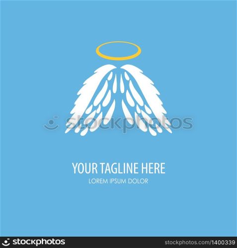 Abstract Vector Logo Design Template. White angel wings and golden nimbus on blue background. Abstract Vector Logo Design Template