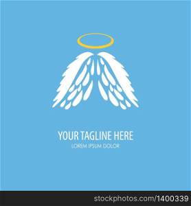 Abstract Vector Logo Design Template. White angel wings and golden nimbus on blue background. Abstract Vector Logo Design Template