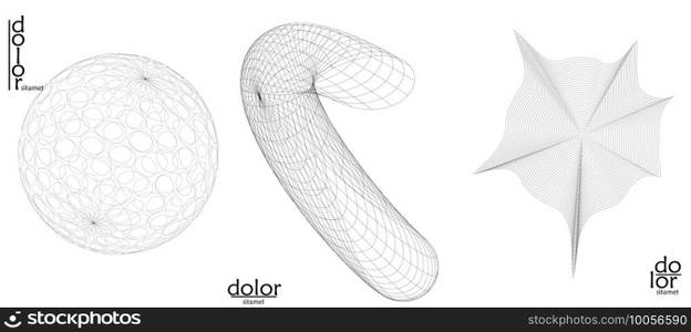 Abstract vector mesh object icon set. Polygonal geometric shape. Computer modeling for math or chemistry. Line optical art design. Outline wavy surface. Wire frame logo design. 