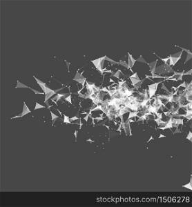 Abstract vector monochrome mesh background. Chaotically connected points and polygons flying in space. Flying debris. Futuristic technology style card. Lines, points, planes. Futuristic design.