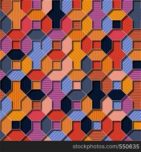 Abstract vector multicolor wallpaper flat 3D style geometrical shapes with lines inside seamless repeat background.Summer colors