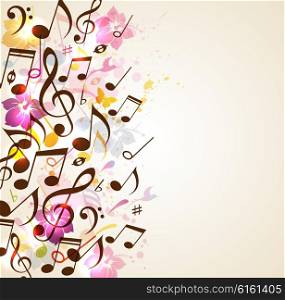 Abstract vector music background with notes and tropical flowers. Background for summer music party.