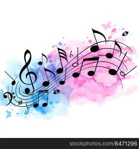 Abstract vector music background with notes and watercolor texture. Music background with notes and watercolor texture