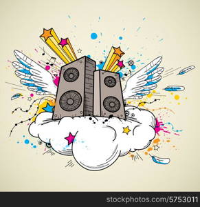 Abstract vector music background with speakers and wings