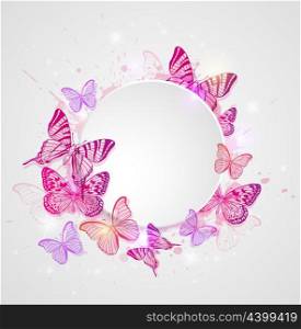 Abstract vector round banner with pink and red butterflies