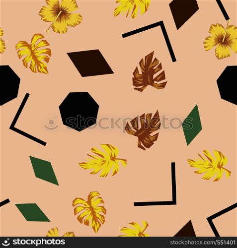 Abstract vector seamless pattern geometric figures, flowers and leaves pink yellow background