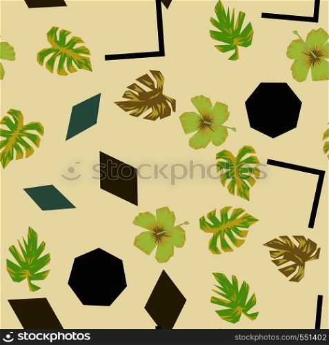 Abstract vector seamless pattern geometric figures, flowers and leaves yellow background