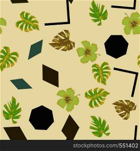 Abstract vector seamless pattern geometric figures, flowers and leaves yellow background