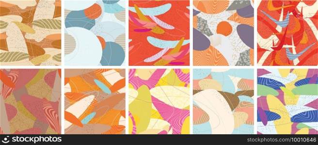 Abstract vector seamless pattern set. Organic grunge textured overlapping wavy shapes and lines. Scribbled hand drawn pastel colored background. Striped dotted leaf forms. Flat textile swatch.
