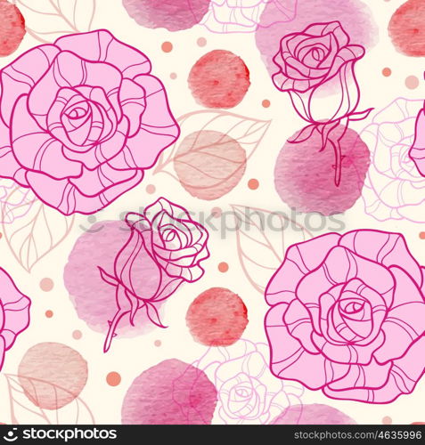 Abstract vector seamless pattern with pink watercolor blots and roses