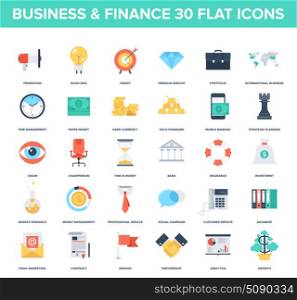 Abstract vector set of colorful flat business and finance icons. Creative concepts and design elements for mobile and web applications.